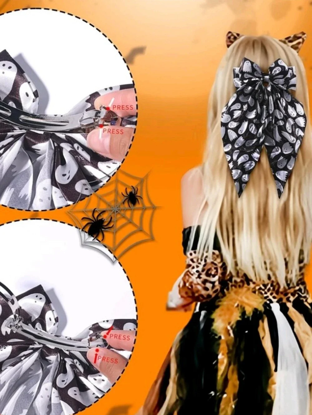 Ghost Print Halloween Hair Bow - Black and White